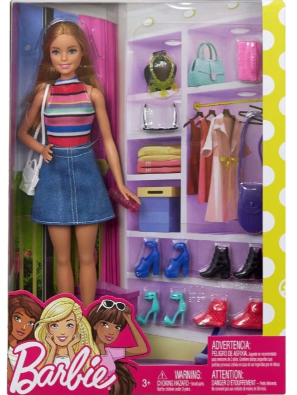 Barbie Fashion Doll with Denim Skirt & Striped Top - Pink, Blue, White